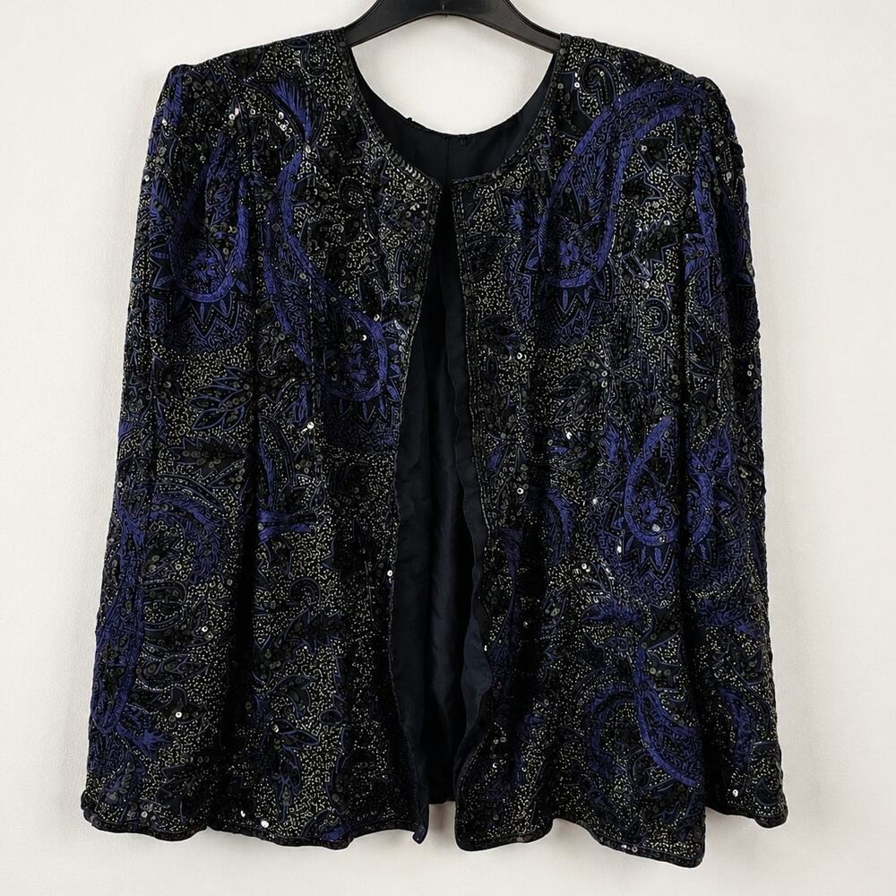 Blue & Black Beaded Paisley Sequin Evening Jacket Blazer Vintage Glam Chic 80